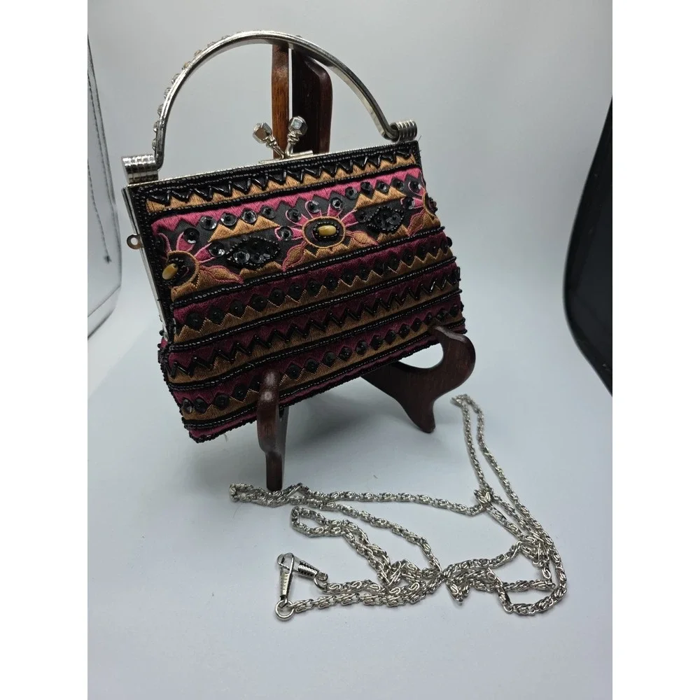 Beaded Evening Bag Silver Handle Clutch Purse Vintage Style Crossbody Strap 7